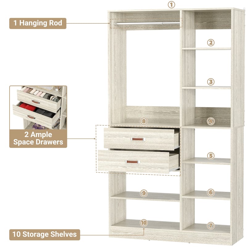 White Oak Freestanding Wardrobe, Closet Organizer System with Drawers for Walk-in & Reach-in Closet