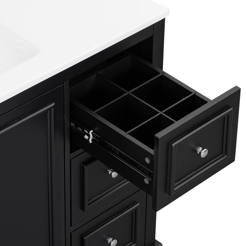 36" transitional bathroom vanity with ceramic sink - features 2 soft-close doors, an adjustable U-shaped shelf, 3 drawers