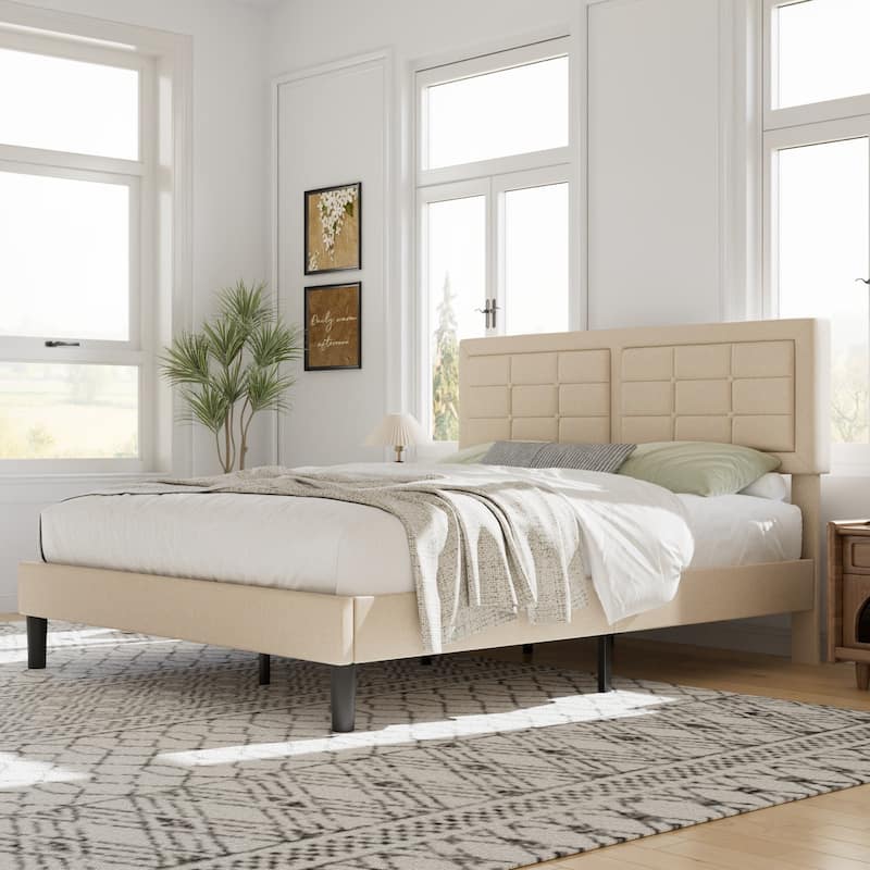 VECELO Bed Frame with Adjustable Headboard Upholstered Button Tufted Platform Bedframe with Wood Slats Support - Beige - Queen