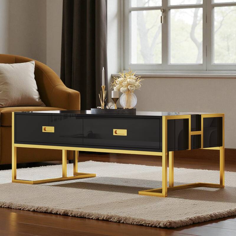 47.3'' Modern Rectangular Coffee Table with 4 Storage Drawers and Gold Metal Base for Living Room