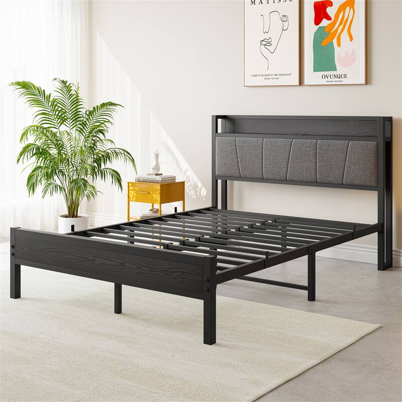 Full Size Bed Frame, Storage Headboard with Charging Station
