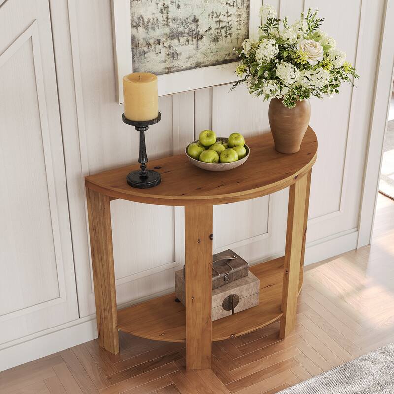 Farmhouse Solid Wood Small Half Moon Console Table with 2-tier Storage