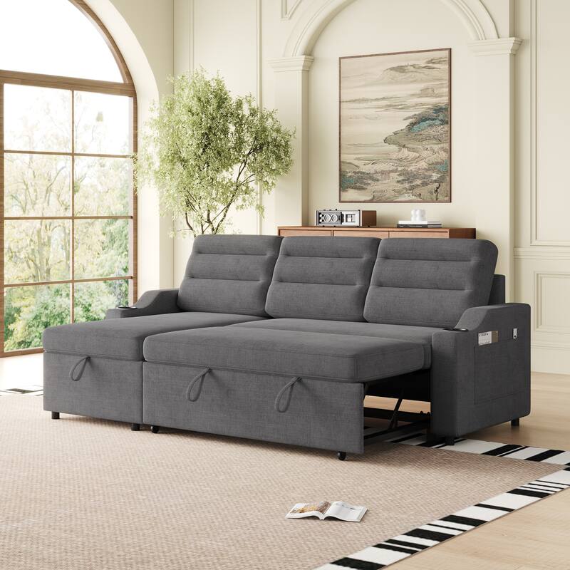 83.5" Convertible Sleeper Sofa - Polyester Sectional Sofa Bed with Pullout Bed and Cup Holder