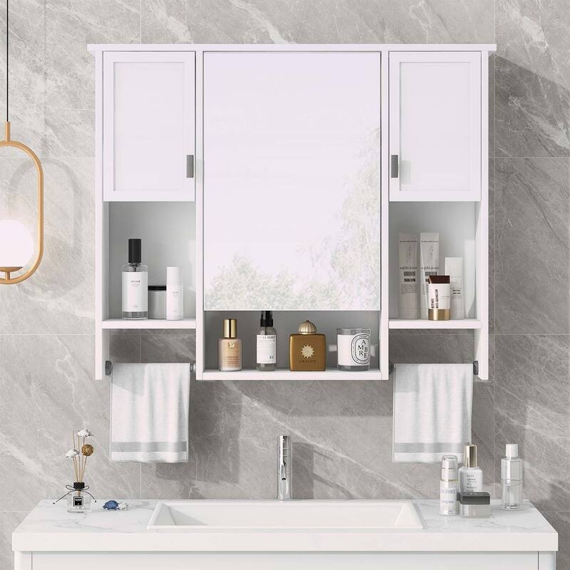 35'' x 28'' Modern Wall Mounted Bathroom Storage Cabinet with Mirror and Towel Bar,Perfect for Organized and Stylish Bathrooms - White