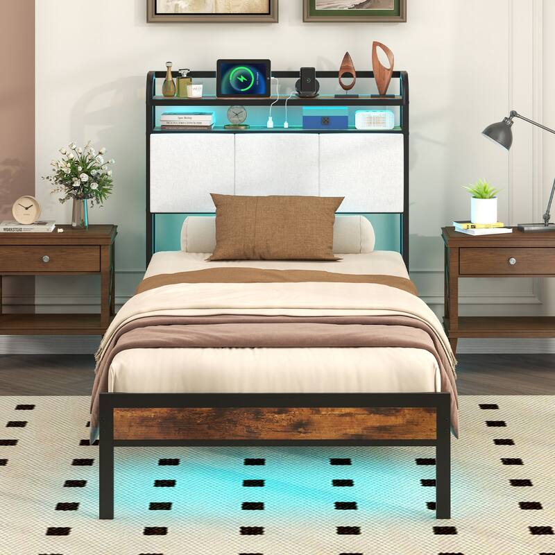 Gymax Twin Size Bed Frame w/LED Light & Charging Station Heavy Duty