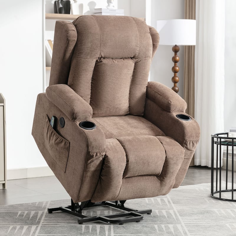 Brown Electric Power Lift Recliner with Heating, Massage, USB Charging, and Side Storage, Adjustable Recline for Elderly