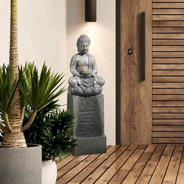 slide 2 of 9, Grey Resin Meditating Buddha on Column Patio Fountain with LED Lights