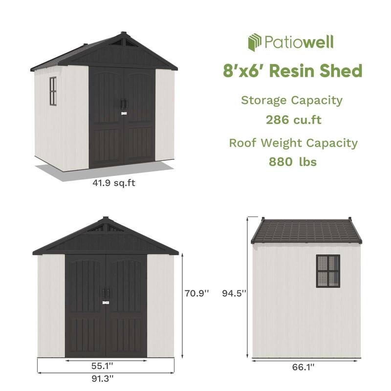 Patiowell 8' x 6' / 8' x 8' / 8' x 10 '/ 8' x 12' Plastic Outdoor Shed With Floor for Patio Furniture, Tools (Kick-It Shed)