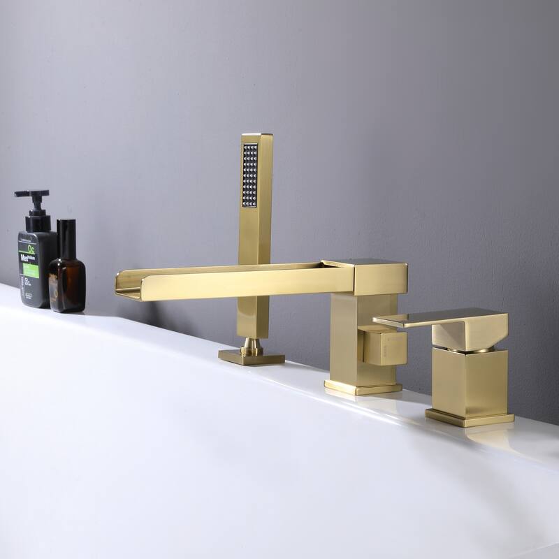 Modland Deck Mount Bathtub Faucet with High-pressure Handheld Showerhead & Tub Spout - Brushed Gold