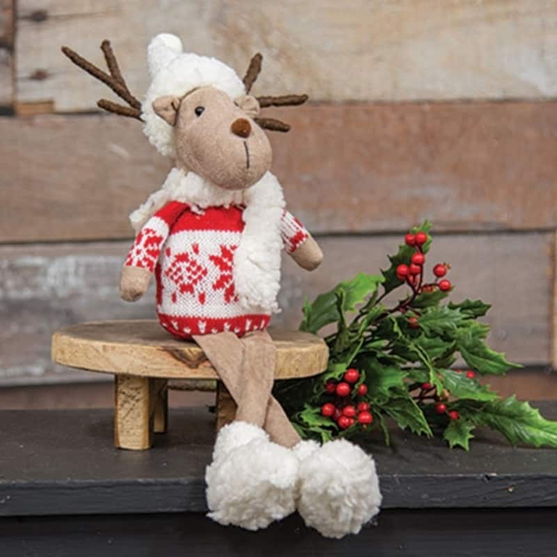 17 Inch Plush Reindeer Shelf Decor with Cozy Sweater Hat and Fuzzy Boots for Holidays - 17" H x 6" W x 3.5" D