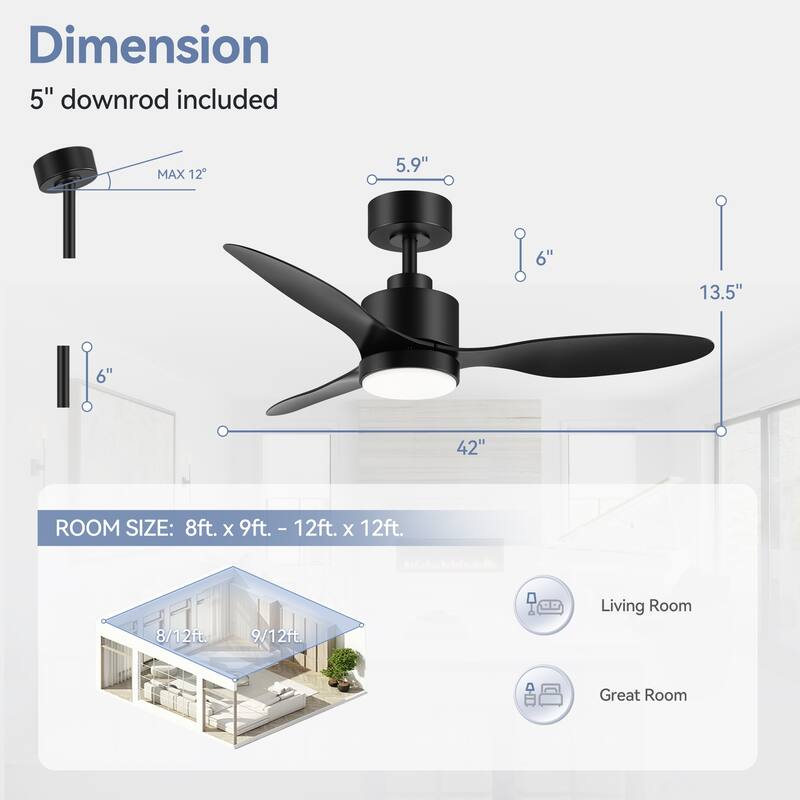 52"/42" Black/Gold LED Ceiling Fan with Lights Remote(3-Blade)