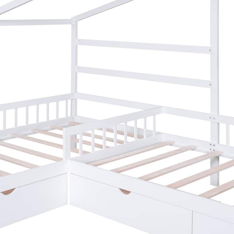 Double Twin L-Shaped House Platform Bed with Drawers and Guardrail