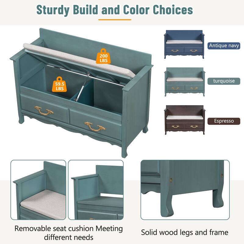42 Inch Wide Storage Bench For Entryway Bench with Removable Cushion