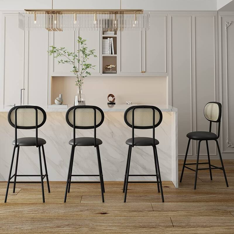 Mixoy Counter Stool,24" Leather Bar Stool Rattan Back Dining Chair,Counter Height Bar Stool for Pub Coffee/Home/Kitchen - Set of 4 - Black