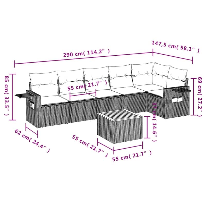 vidaXL 7 Piece Patio Sofa Set with Cushions Black Poly Rattan - 24.4" x 24.4" x 27.2"