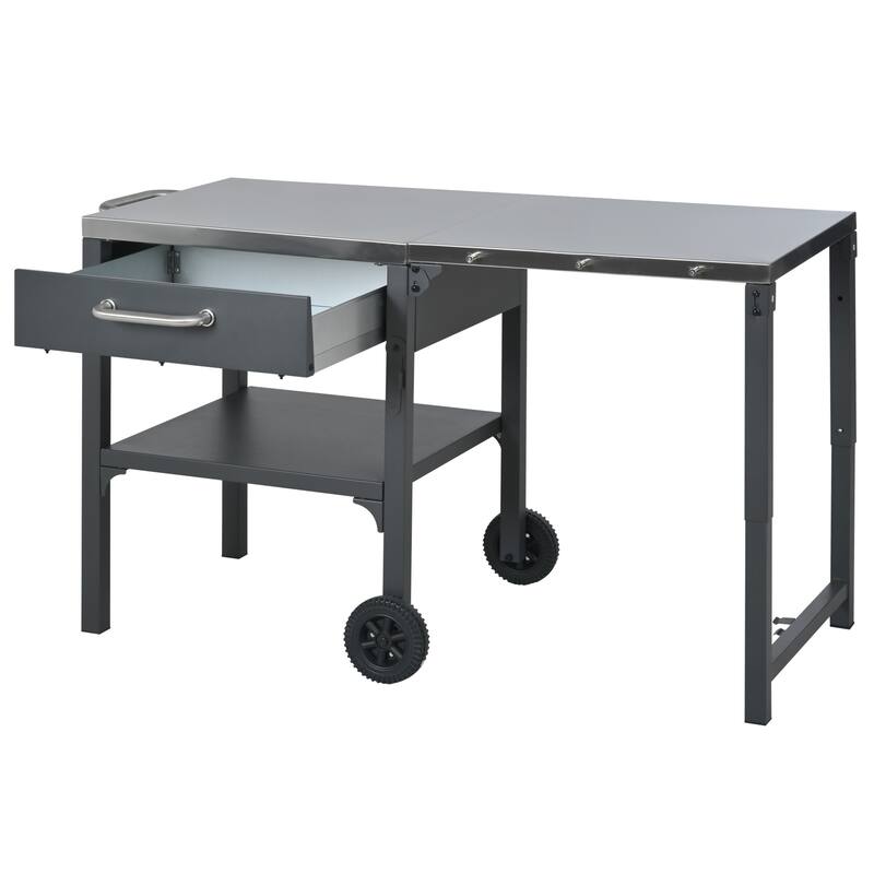 Portable Foldable Outdoor Kitchen Prep Station, BBQ Grill Cart with Expandable Top and Storage for Patio
