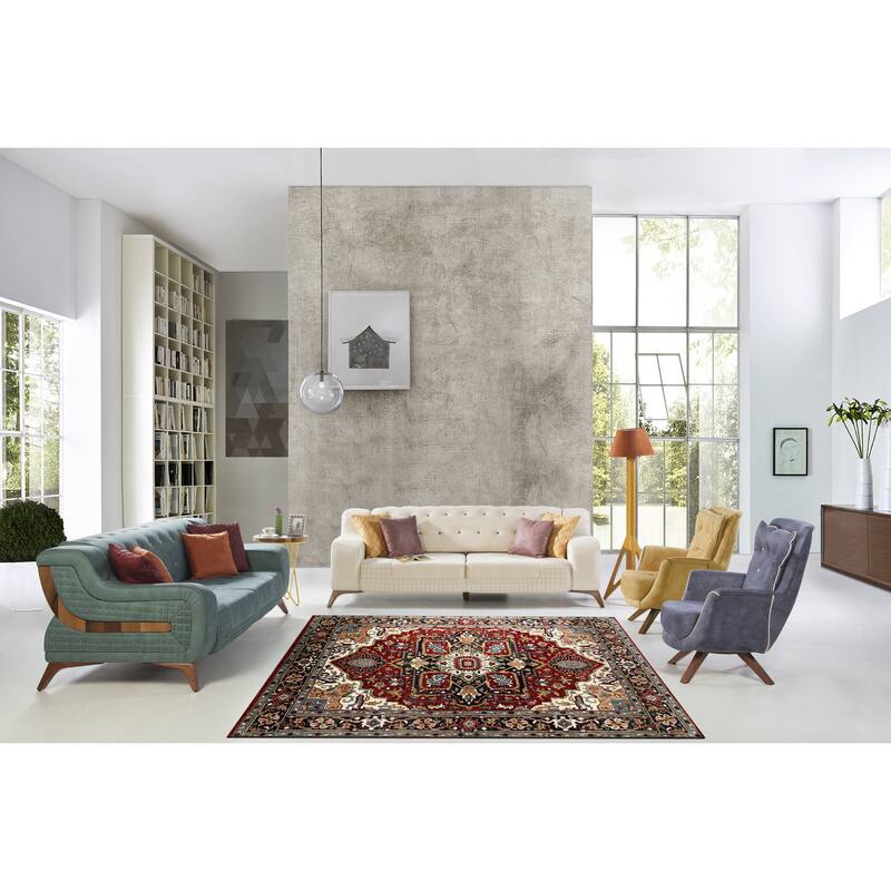 Handknotted Wool RED / NAVY Heriz Serapi Rug - 6' x 9' - RED / NAVY