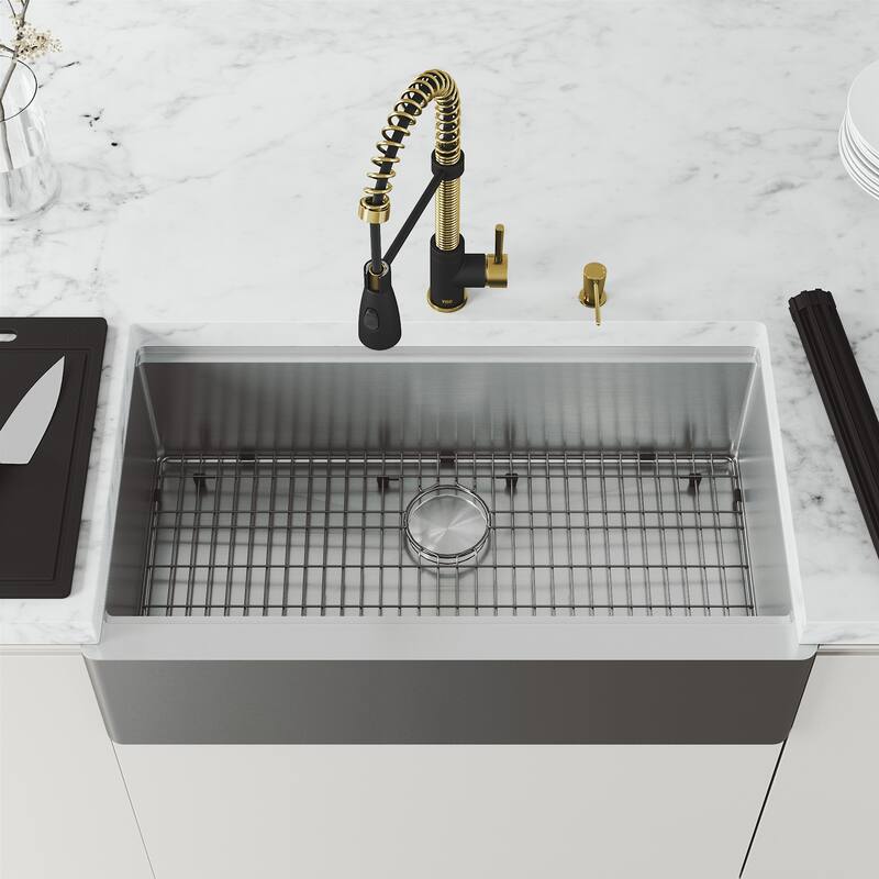 VIGO 36 in. Apron Front Double Bowl Stainless Steel Farmhouse Kitchen Sink and Faucet in Matte Brushed Gold and Matte Black