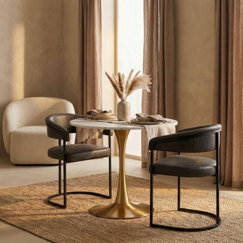 Bristol Minimalist Modern Round Dining Table with Solid Wood Top and Accent Gold Stainless Steel Base for Home or Kitchen