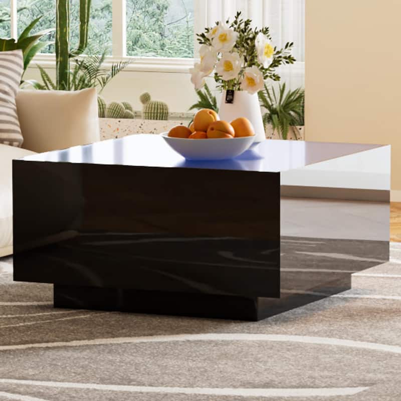 Square High Glossy Coffee Table with LED Strip Lights and Tempered Glass Top