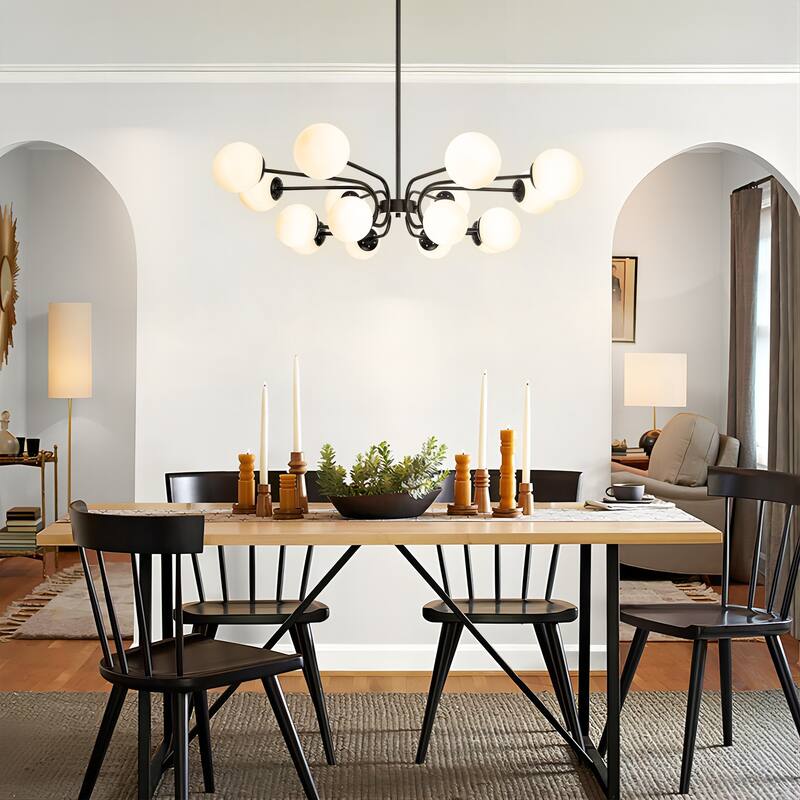 16-Light Mid-Century Modern 2-Tier Large Round Sputnik Glass Globe Chandelier with Milky White Glass Globe Shade