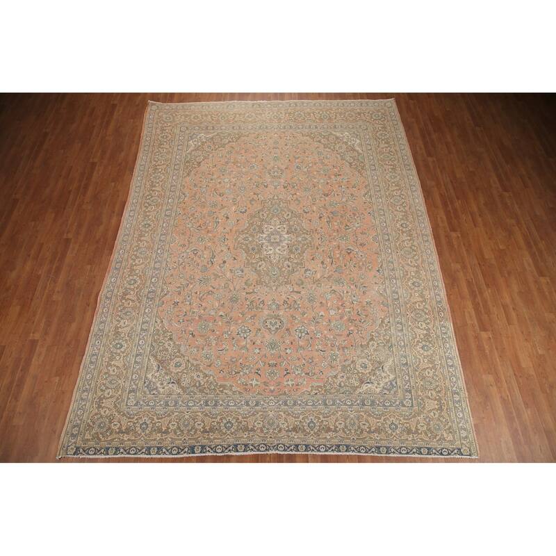 Hand Knotted Oriental 100% Wool Carpet Traditional Floral Coral Mashad Area Rug - 12' 6'' X 9' 7''