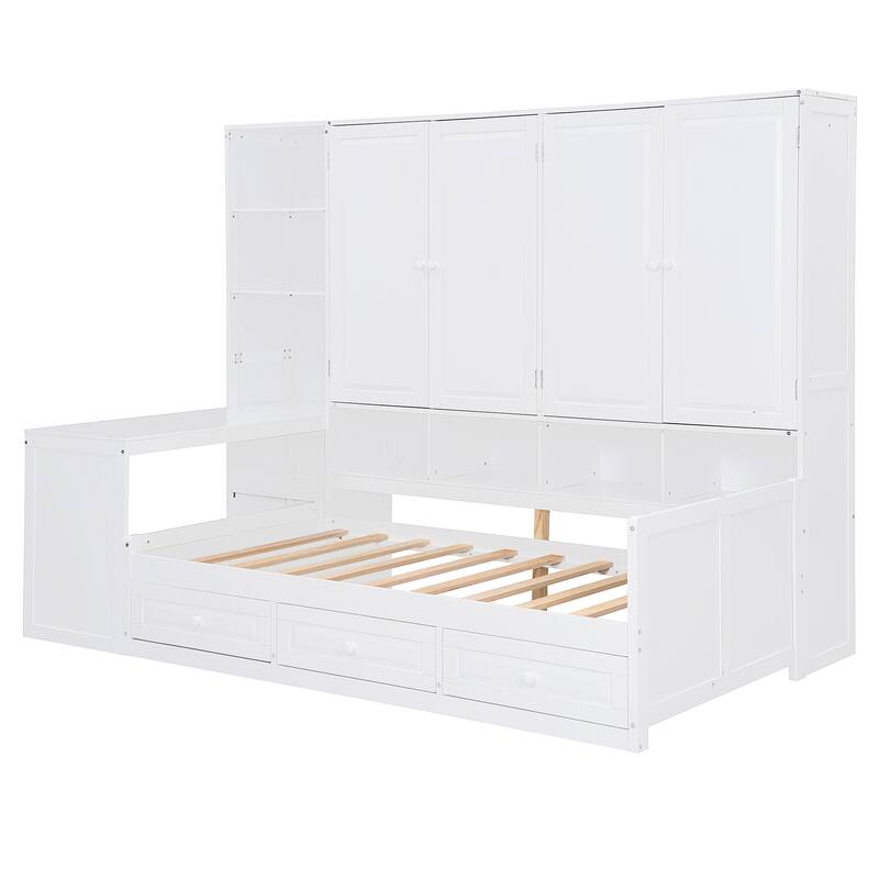 Modern Twin Daybed with All-in-One Cabinet, Desk Wooden Daybed Sofa Bed Frame with 3 Drawers, Multi-Functional Headboard