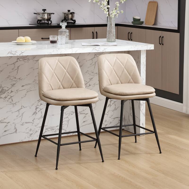 Faux Leather Upholstered Metal Frame Bar or Counter Height Swivel Bar Stools (Set of 2) - Taupe - Counter Height
