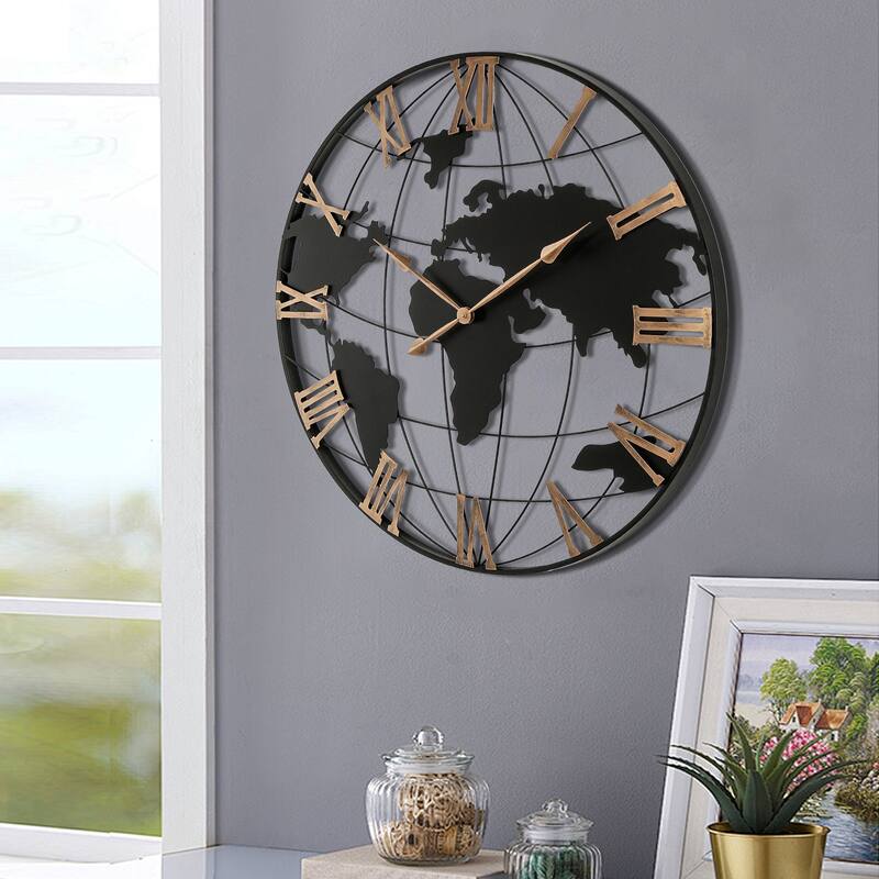 36 in Large Black Metal Gold Roman Numeral Silent World Map Wall Clock - 35.5 in