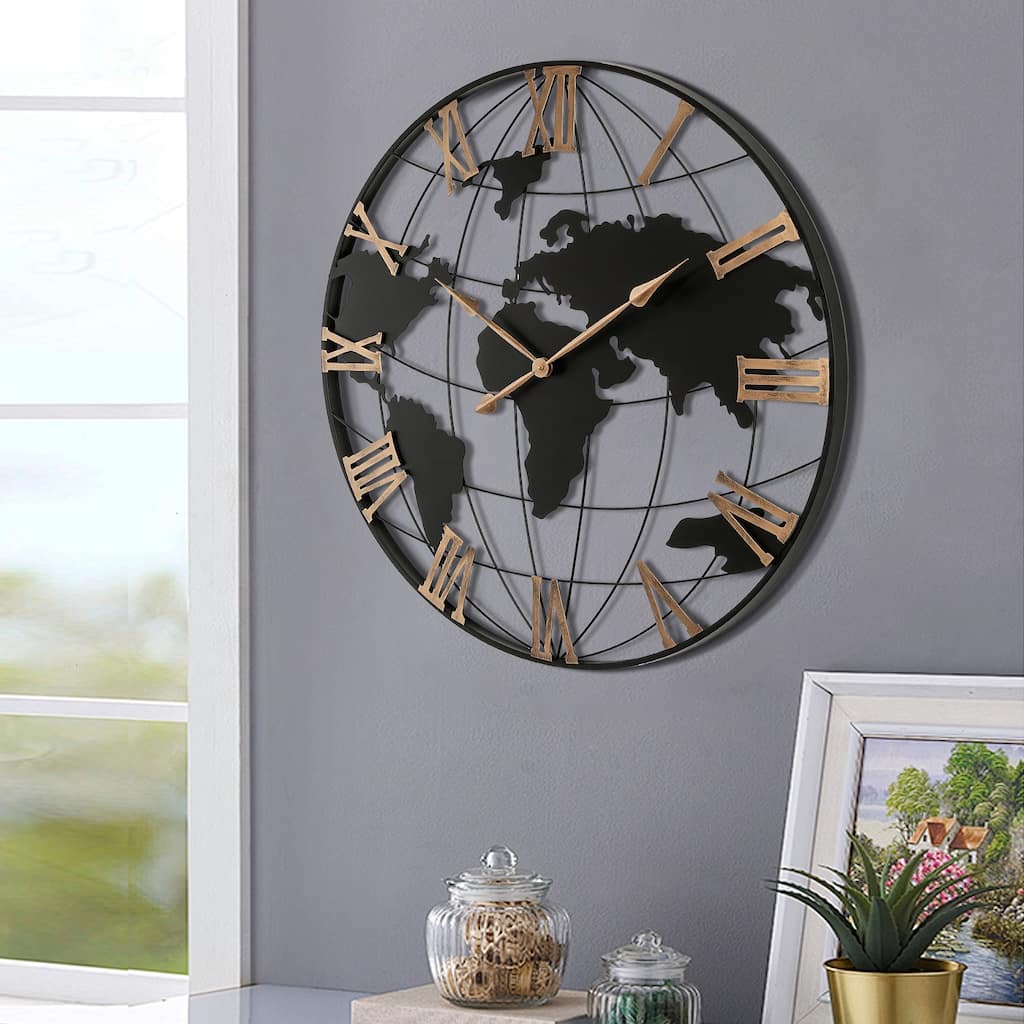 36 in Large Black Metal Gold Roman Numeral Silent World Map Wall Clock - 35.5 in