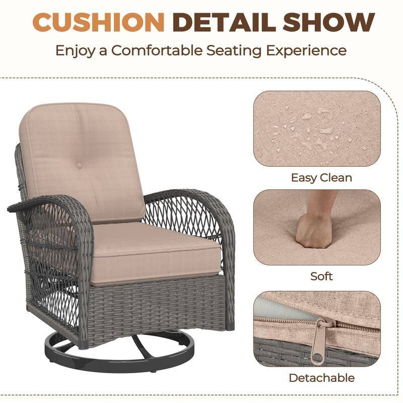 EROMMY Outdoor 3 Pieces Swivel Rocker Patio Chair Sets with Glass Table, All-Weather Wicker & Thickened Cushions for Backyard
