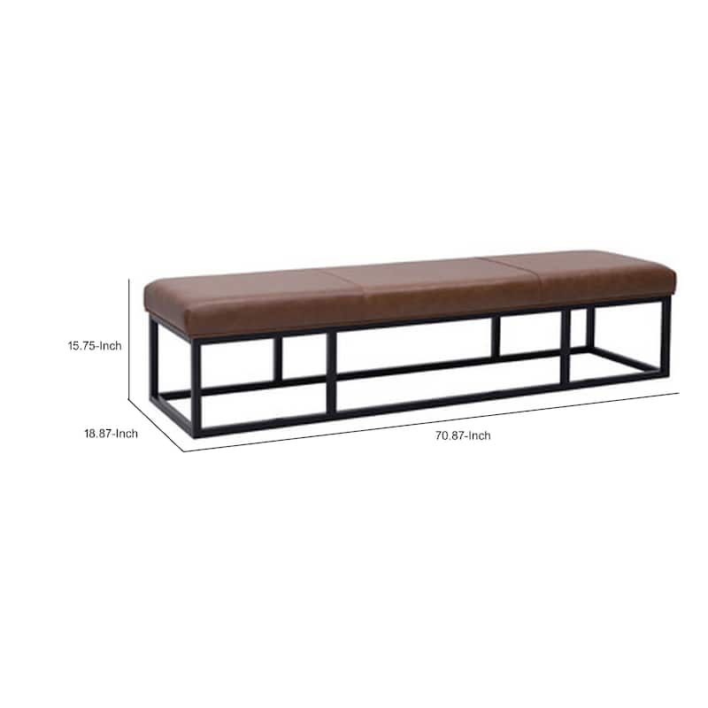 Accent Bench, 71 Inch, Black Metal, Brown Genuine Leather Cushioned Seat