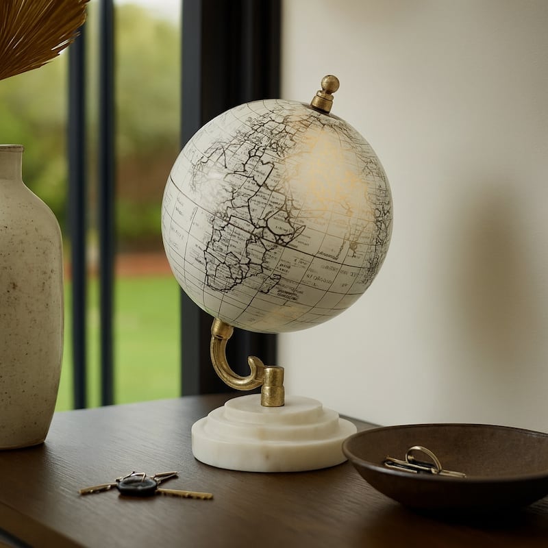 Marble Polyresin Globe Modern Glam Accent - 9" White/Gold - 9.5"