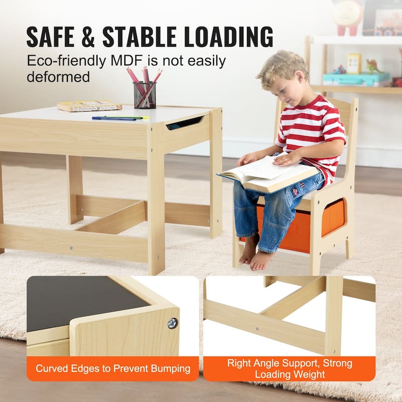 Kids Table and Chair Set, Wooden Activity Table with Storage Space and Boxes