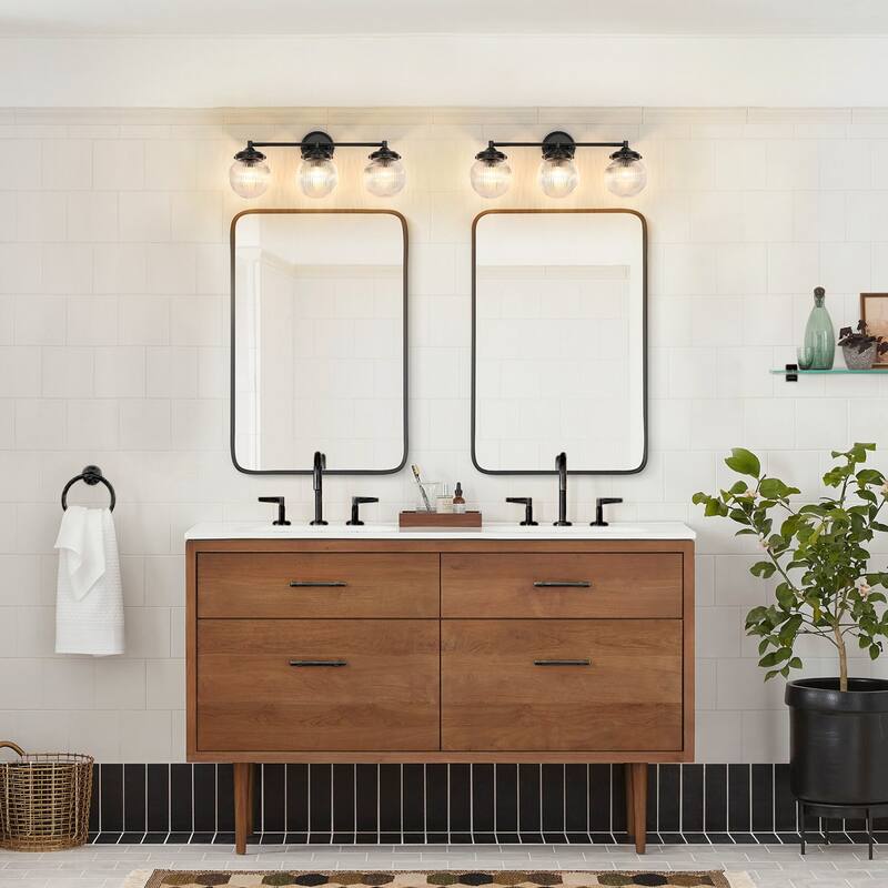 3-Light Modern Linear Ribbed Clear Glass Globe Bubble Bathroom Vanity Light over Mirror - 24.4 in. W x 9.6 in. H x 6.6 in. D