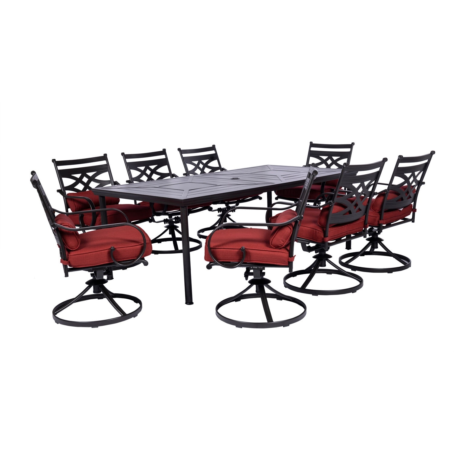 Hanover Montclair 9 Piece Dining Set In Chili Red With 8 Swivel Rockers And A 42 In. X 84 In. Table