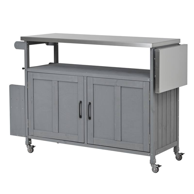 Foldable Outdoor Mobile Portable Kitchen Island Cart with Lockable Wheels, Storage Cabinet and Towel Rack