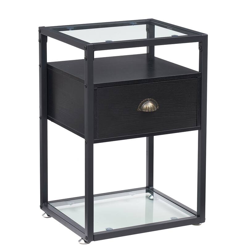 Modern 1-Drawer Nightstand with 2-tier Glass Shelves - Black