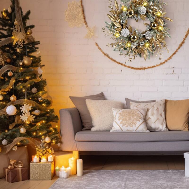 Christmas Wreath Wall Decor with Lights Balls Pine Cones Golden Berries Pine Needle and Christmas Flower for Outdoor Indoor - Gold