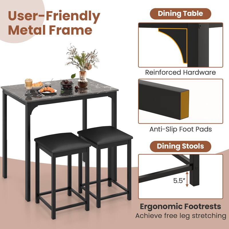 Gymax 3 PCS Counter Height Dining Set Faux Marble Table & 2 Chairs