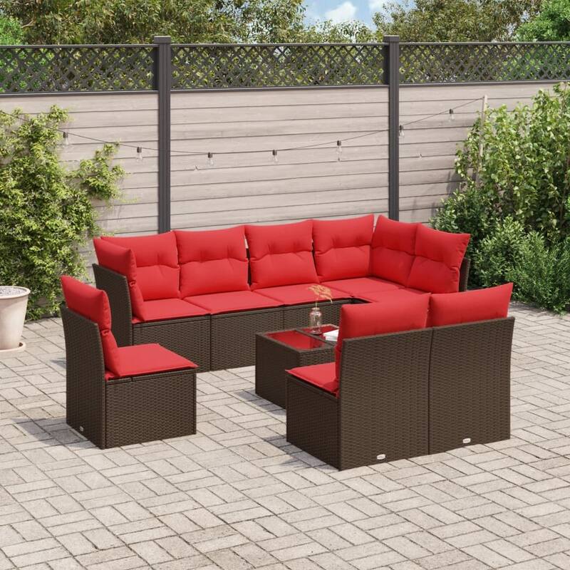 vidaXL Patio Sofa Set with Cushions Outdoor Furniture 9 Piece Poly Rattan - 21.7 x 24.4 x 27.2 - Brown and red With table