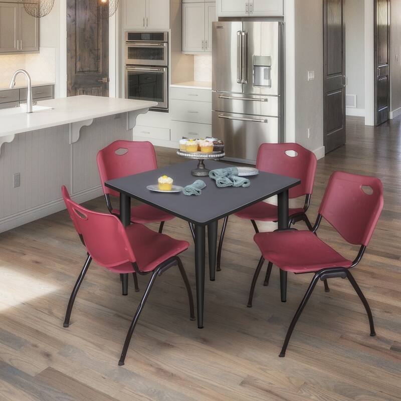 36 in. Square Breakroom Table- Grey Top, Black Base & 4 M Stack Chairs- Burgundy - Burgundy, Grey, Black - 36 in.