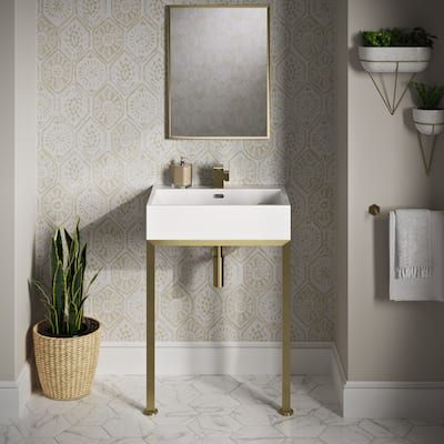 Concorde 24" Ceramic Console Sink White Basin Square Brushed Gold Legs - 16.5" x 24.0" x 35.5"