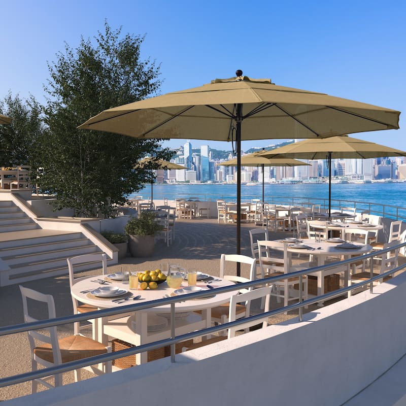 California Umbrella 11' Rd Aluminum Frame, Fiberglass Rib Patio Umbrella, Push Open, Bronze Finish, Sunbrella Fabric - Antique Beige