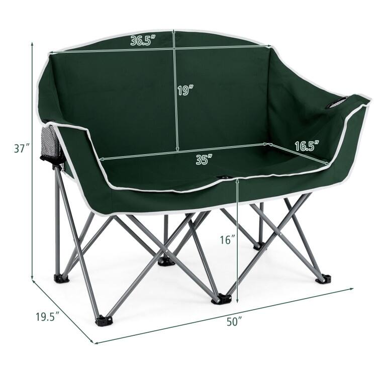 Green Oxford Cloth Metal Folding Camping Loveseat with Cup Holders