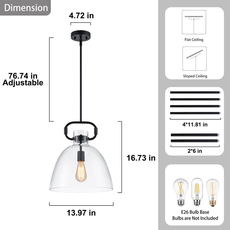 Starskys 1-Light Industrial Pendant Light with Bowl-Shaped Clear Glass Shade