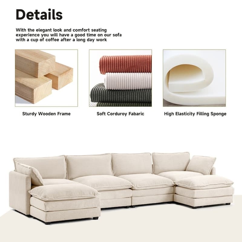 Oversized Modular Corduroy Sectional Sofa Set with Ottoman, 3-Seater / 4-Seater Deep Seat Lounge Couch for Living Room