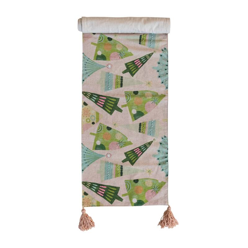 Hand-Embroidered Cotton Printed Table Runner with Christmas Trees Pattern, Beads, French Knots and Tassels