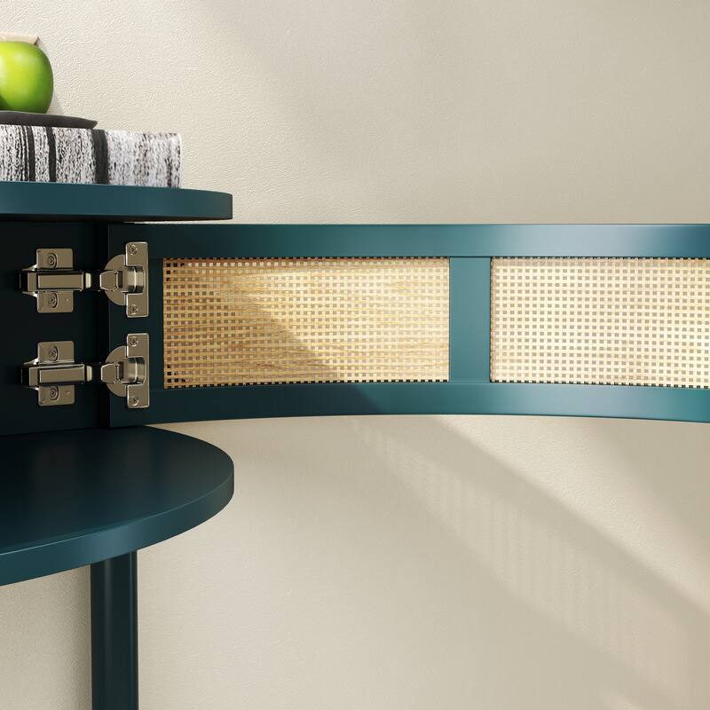 Half Moon End Table with Sliding Rattan Door, Boho Semi-circle Entryway Console Table with 2 Storage Cabinet and Bottom Shelf