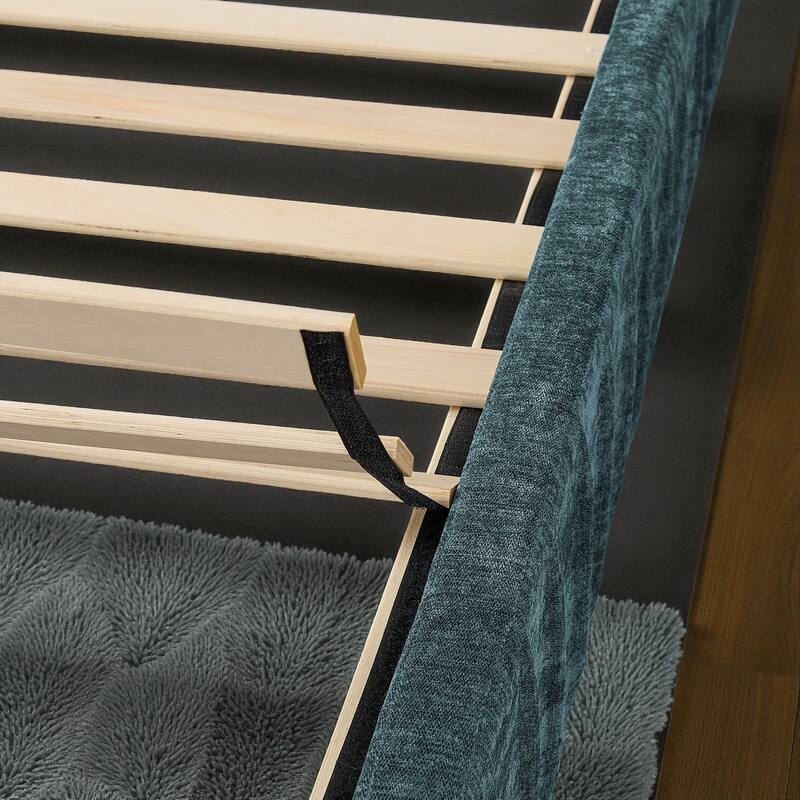 Queen Upholstered Platform Bed with Pleated Chenille Headboard, Built-in Bedside Table & Adjustable Lamps, No Box Spring